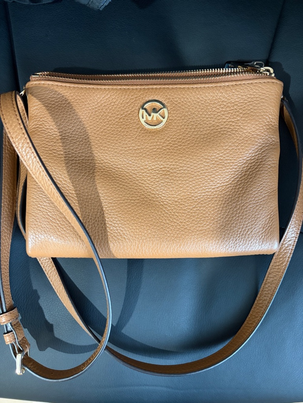 Michael Kors Pebbled Leather Crossbody Bag in Cognac Brown with Gold Hardware